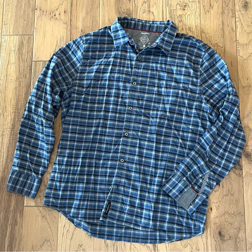 Flag & Anthem Madeflex Blue Plaid Long Sleeve Button Up Shirt, size XL